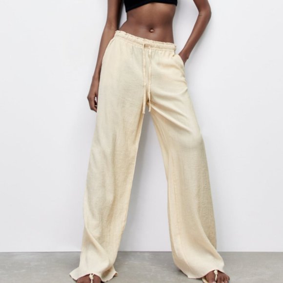 ZARA STONE WRINKLE CRINKLE EFFECT DRAWSTRING FULL-LENGTH LOUNGE PANT TROUSERS - Picture 1 of 10